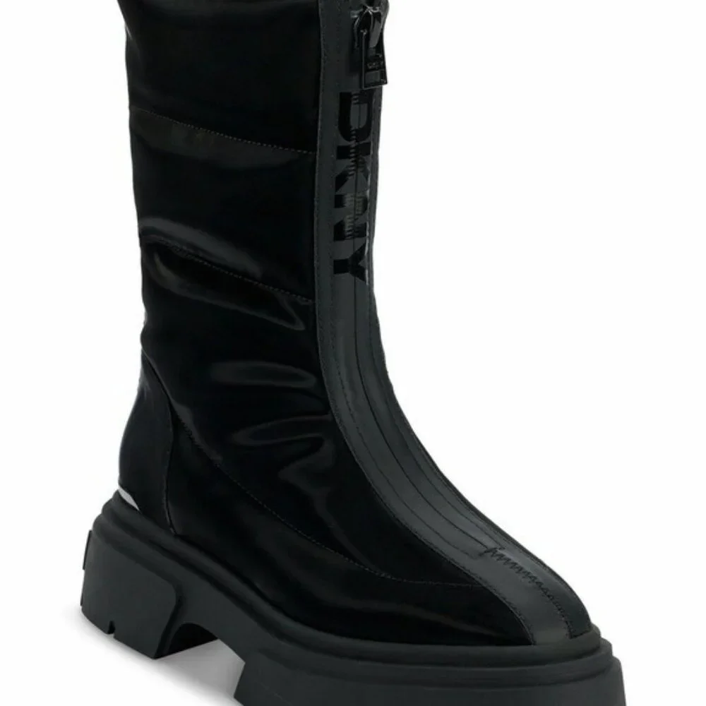 DKNY Fiza Black Platform Zipper Boots Chunky Sole Almond Toe Synthetic US Sz 7.5
